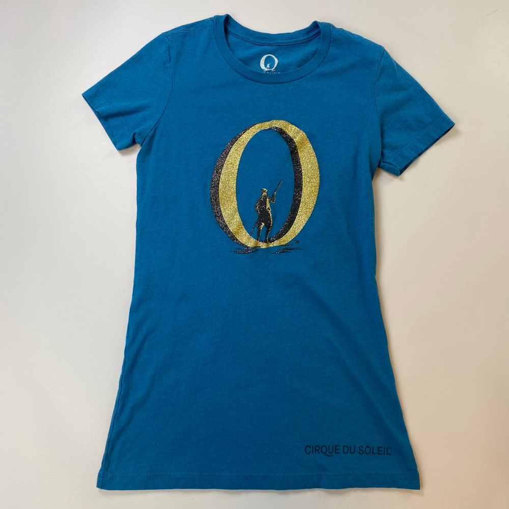 Y2K Cirque du Soleil O T-Shirt Womens Small Teal Glitter Souvenir Bellagio Vegas